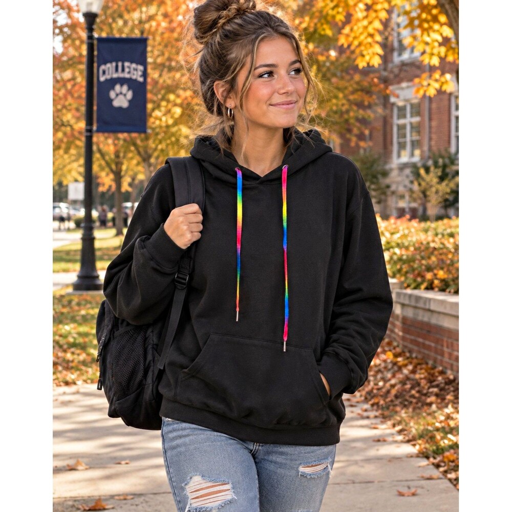 Kivenst High Fashion Women's Black Pullover Hoodie Rainbow Drawstring Size L